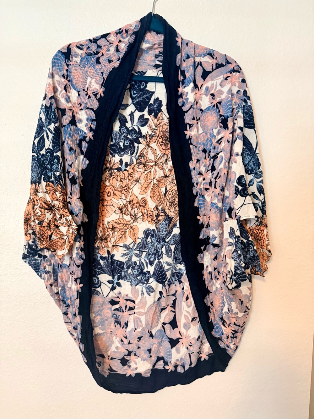 Floral Mixed-Print Kimono Cardigan - Navy, Peach, Cream
